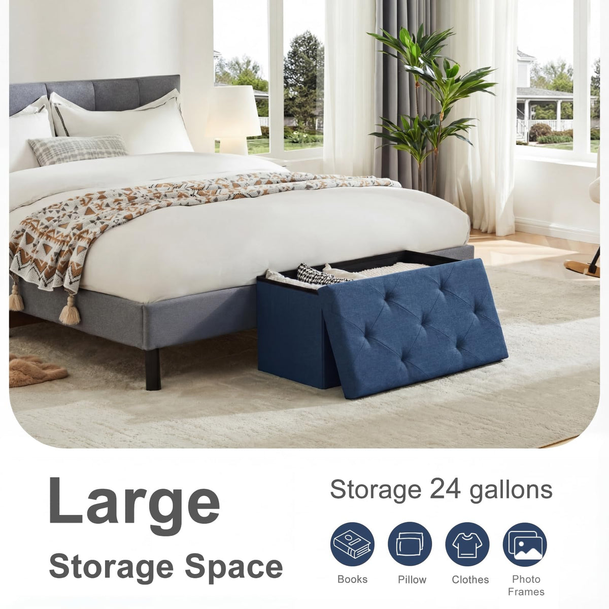 DUMOS 35-gallon capacity helps conceal seasonal items and blankets.