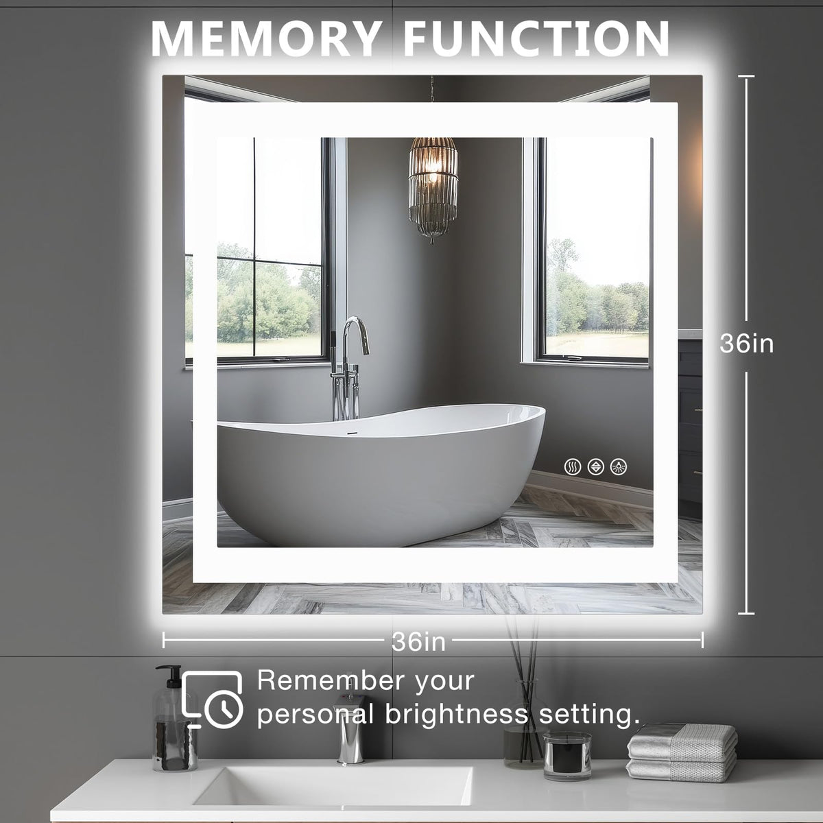 DUMOS 361x361 mirror with backlit halo to enhance ambiance.