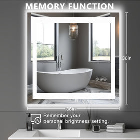 DUMOS 361x361 mirror with backlit halo to enhance ambiance.