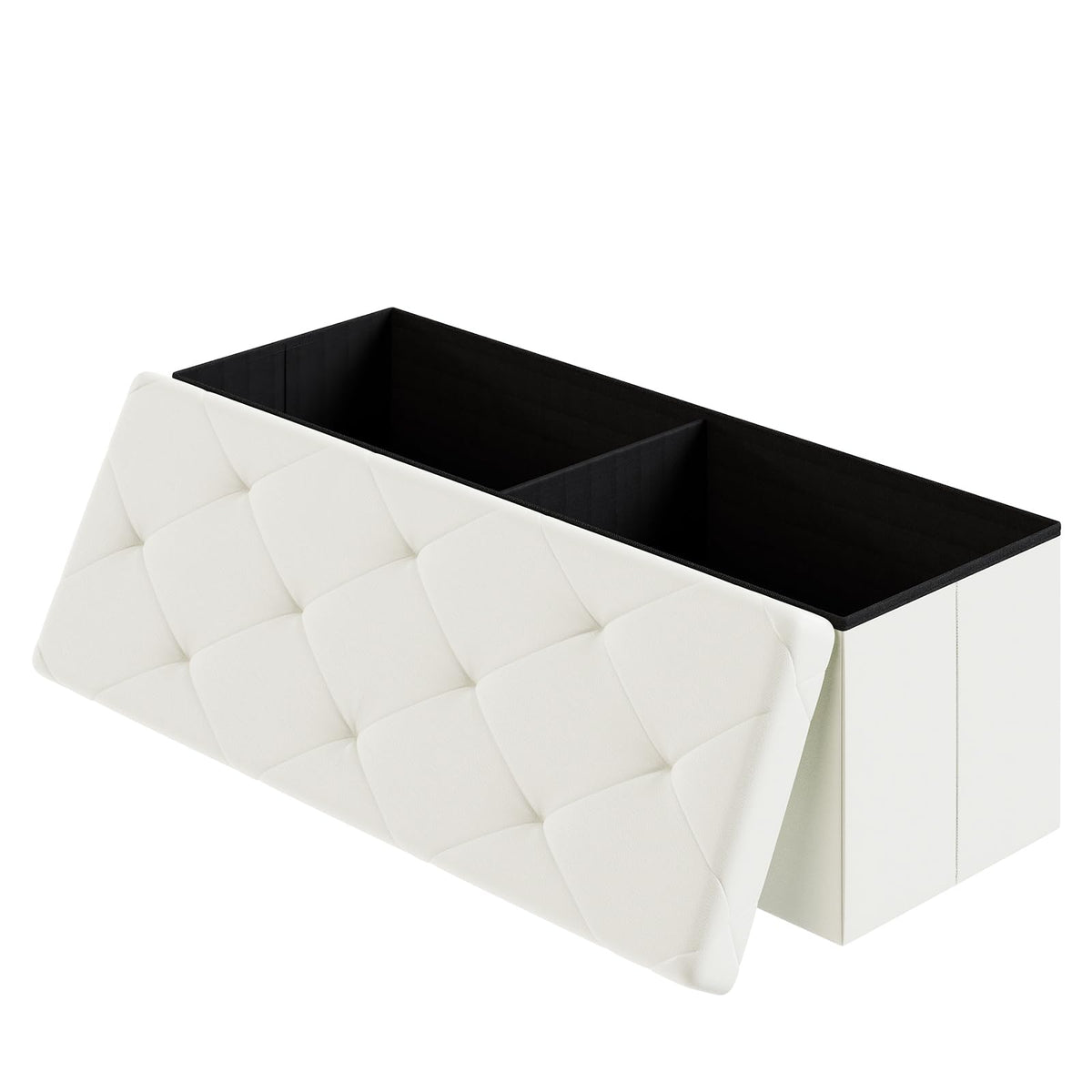 DUMOS 43-Inch Folding Storage Ottoman in beige with ample hidden storage.