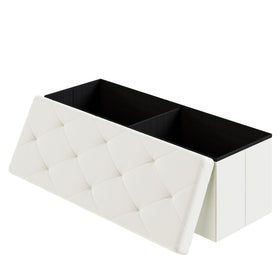 DUMOS 43-Inch Folding Storage Ottoman in beige with ample hidden storage.