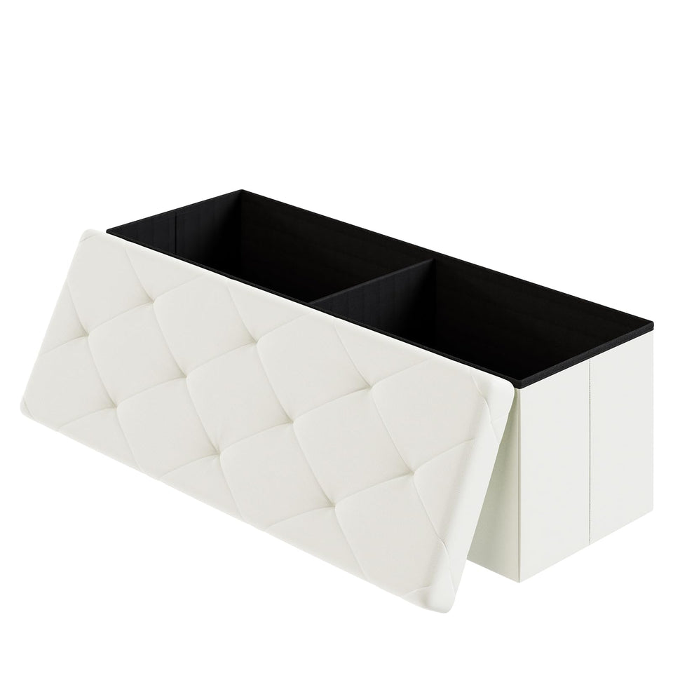 DUMOS 43-Inch Folding Storage Ottoman in beige with ample hidden storage.