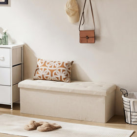 DUMOS 43in foldable storage ottoman bench, open, reveals large interior storage.
