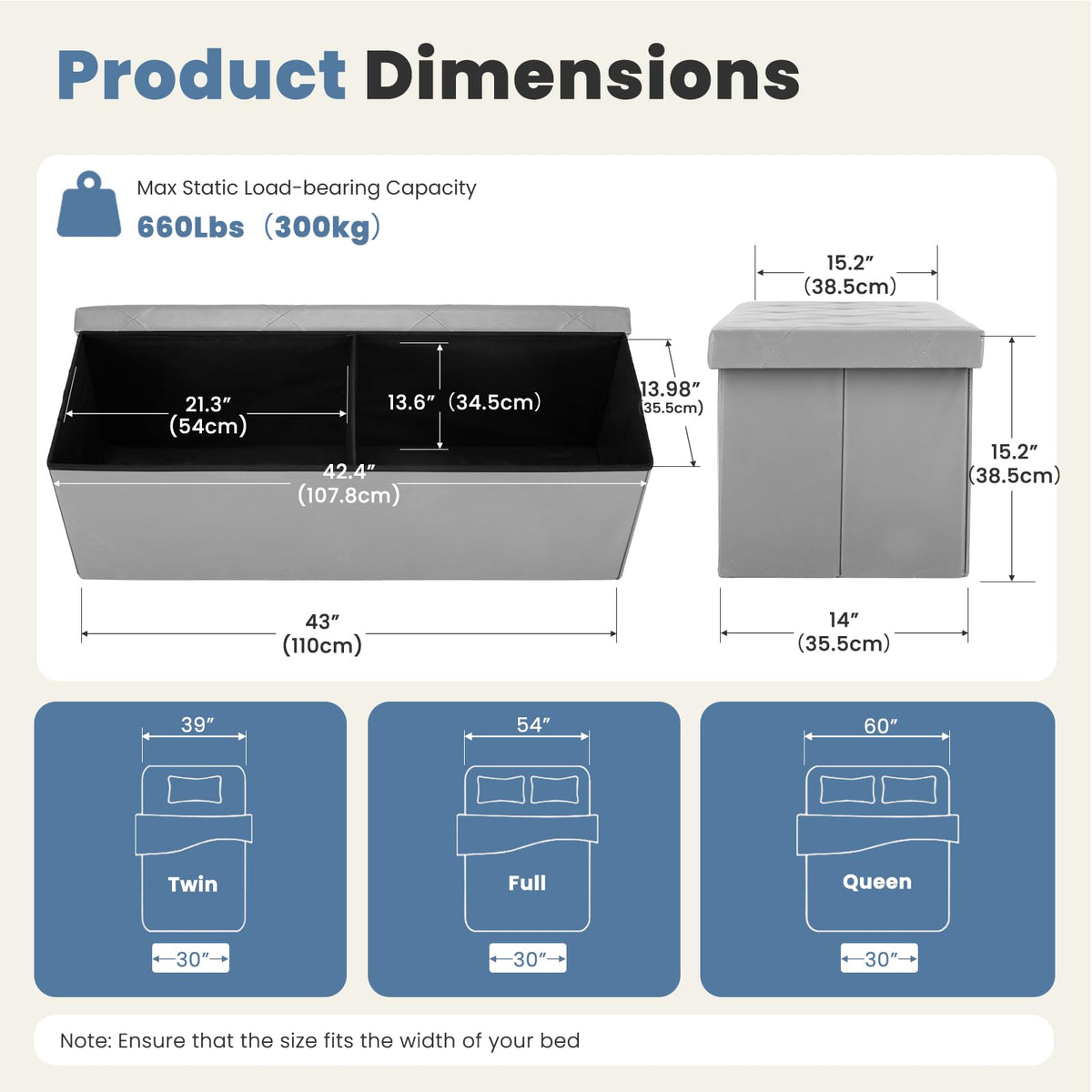 DUMOS grey folding ottoman side view, space-saving design.