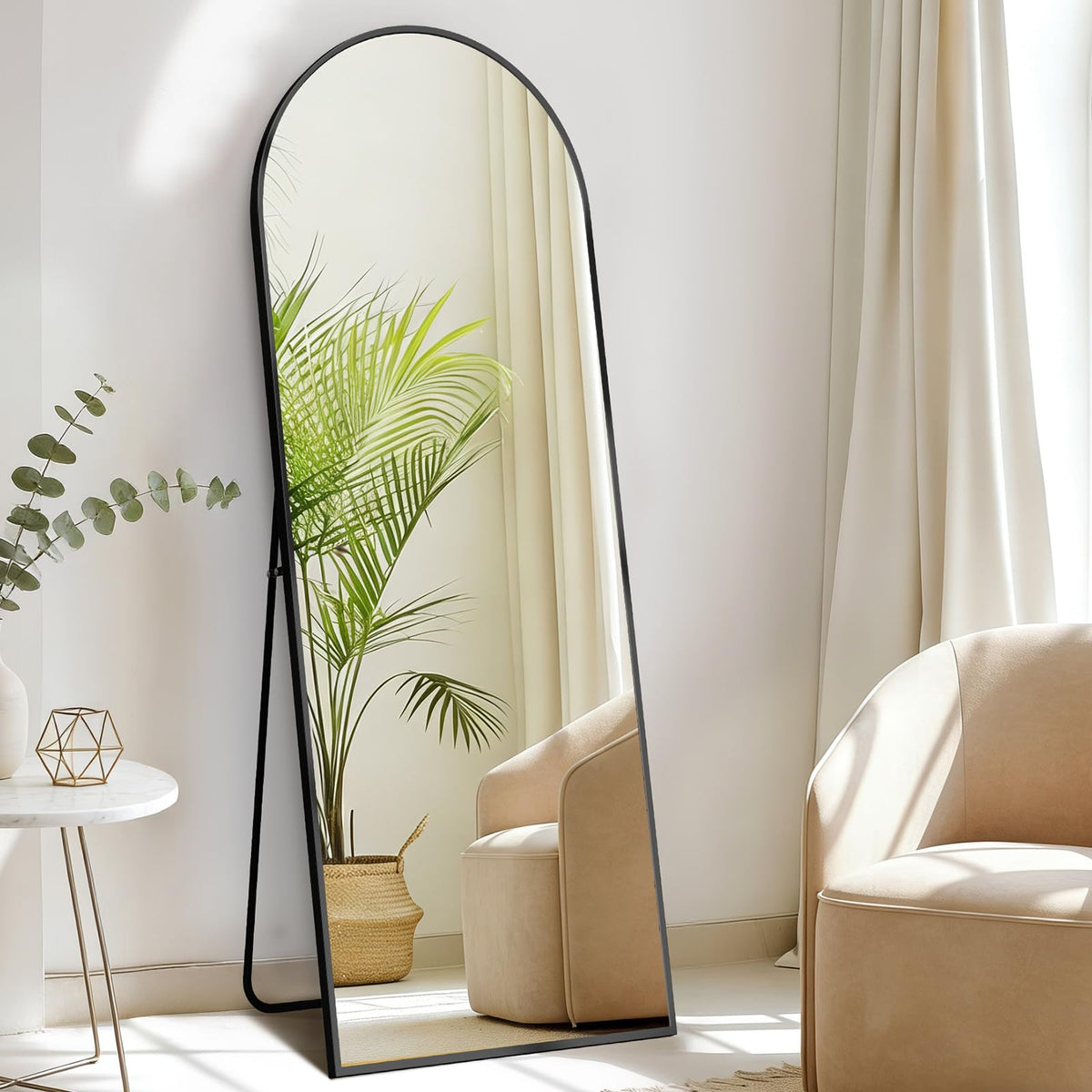 DUMOS arched full-length mirror front view with black frame for easy outfit checks.