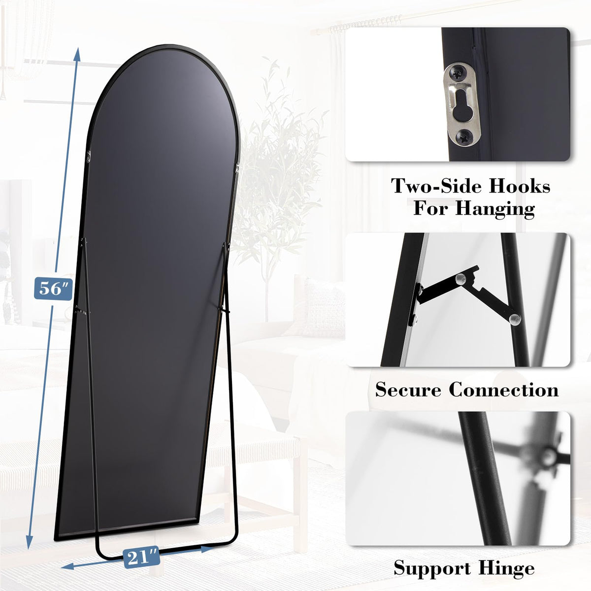 DUMOS mirror three placements lean, stand, or mount for flexible layouts.