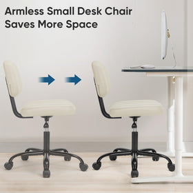 DUMOS armless chair 360-swivel base enables easy movement in tight spaces.