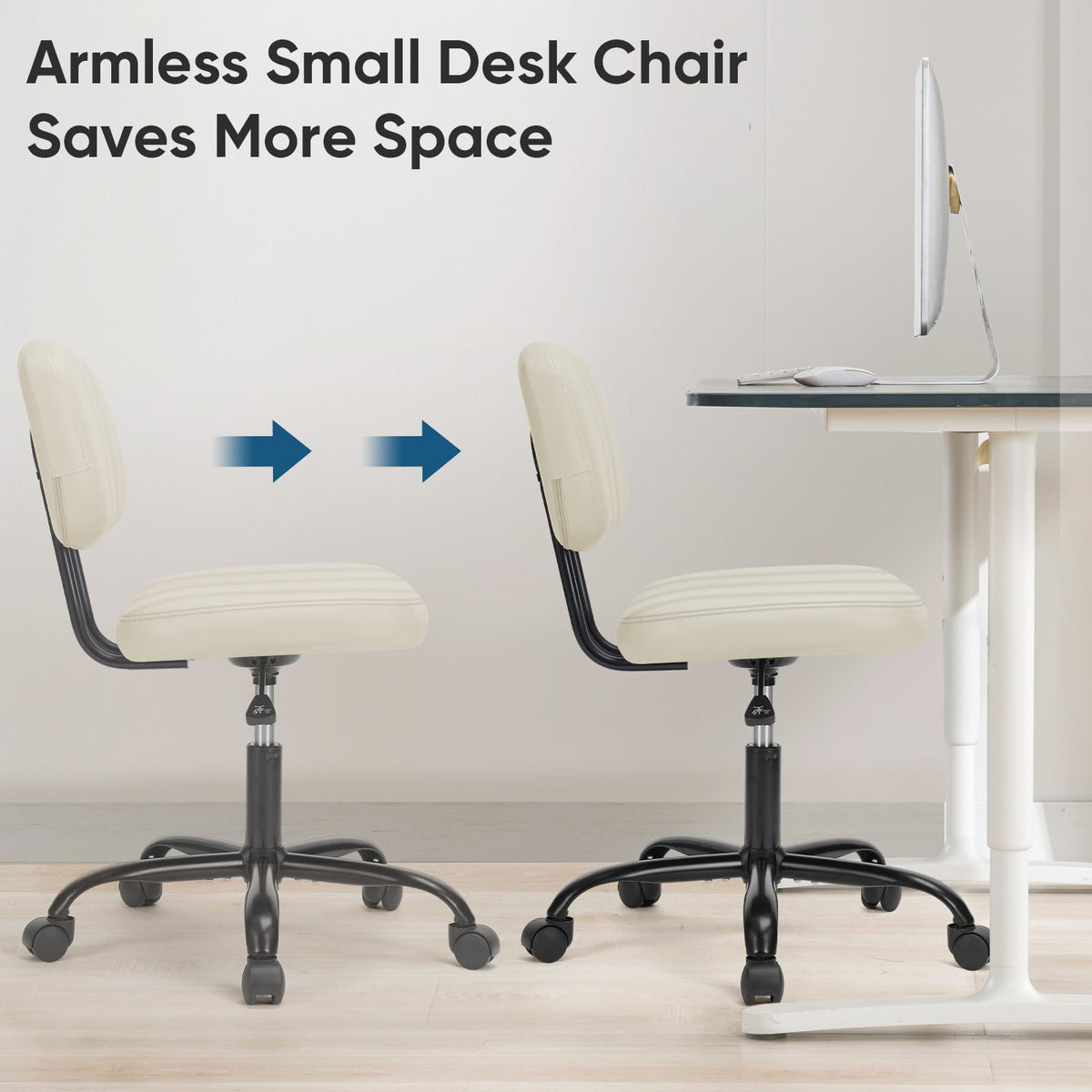 DUMOS armless chair 360-swivel base enables easy movement in tight spaces.