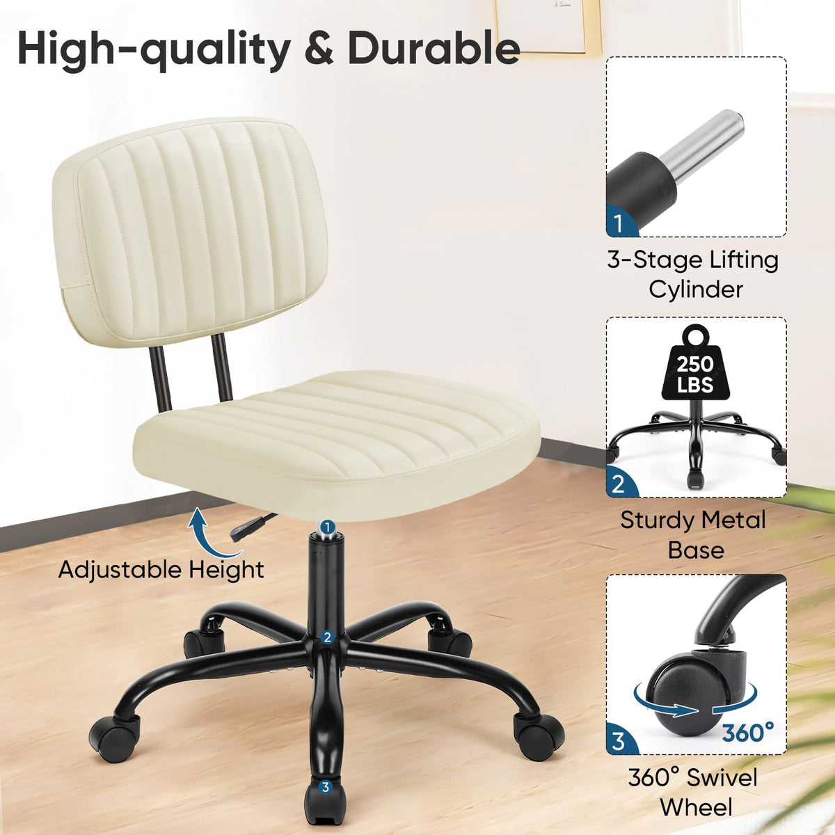 DUMOS armless chair height-adjustment lever lets you tailor desk height for tasks.
