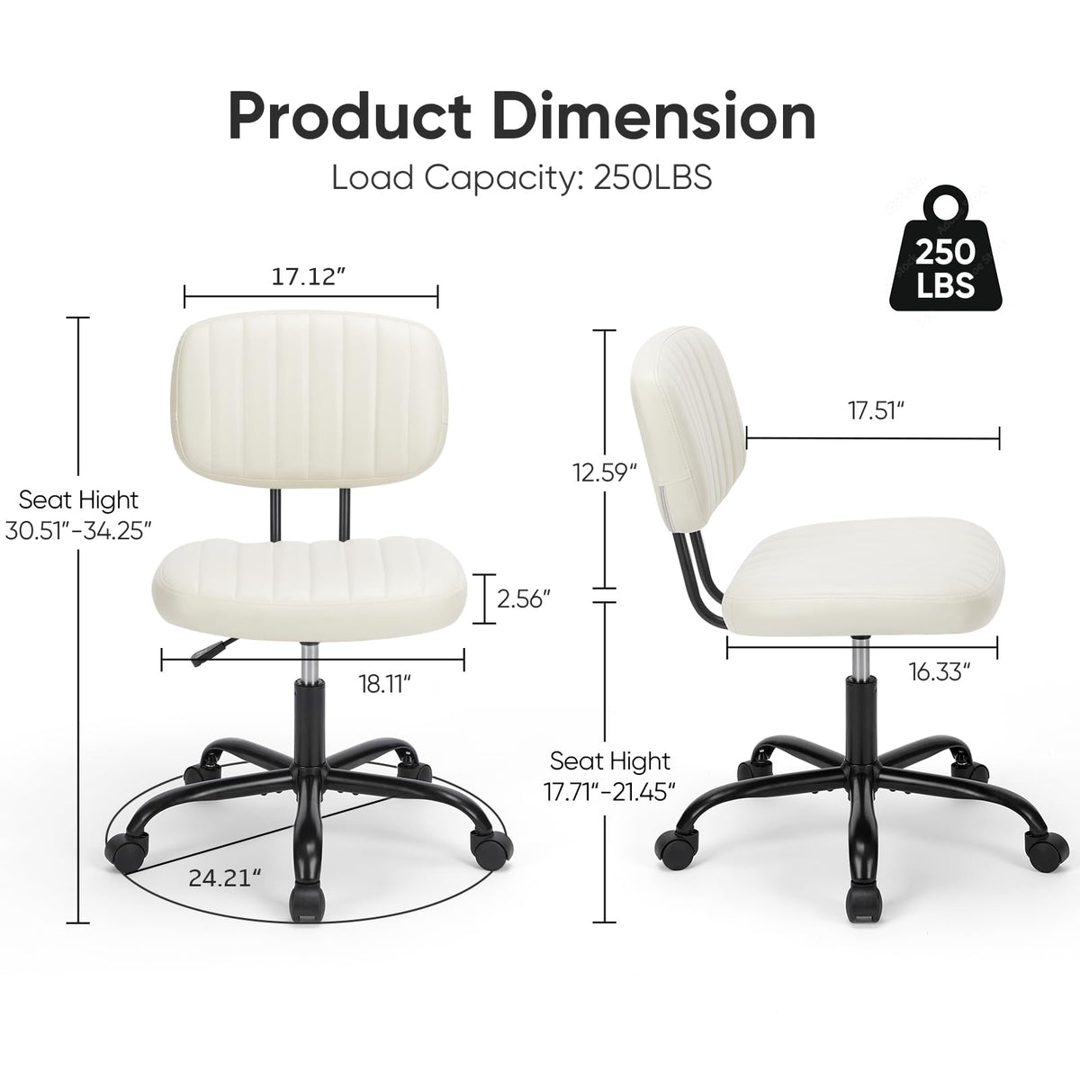 DUMOS armless chair smooth casters glide on floors without leaving marks.