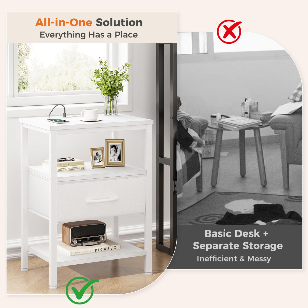 DUMOS adjustable feet stabilize the nightstand on uneven floors.