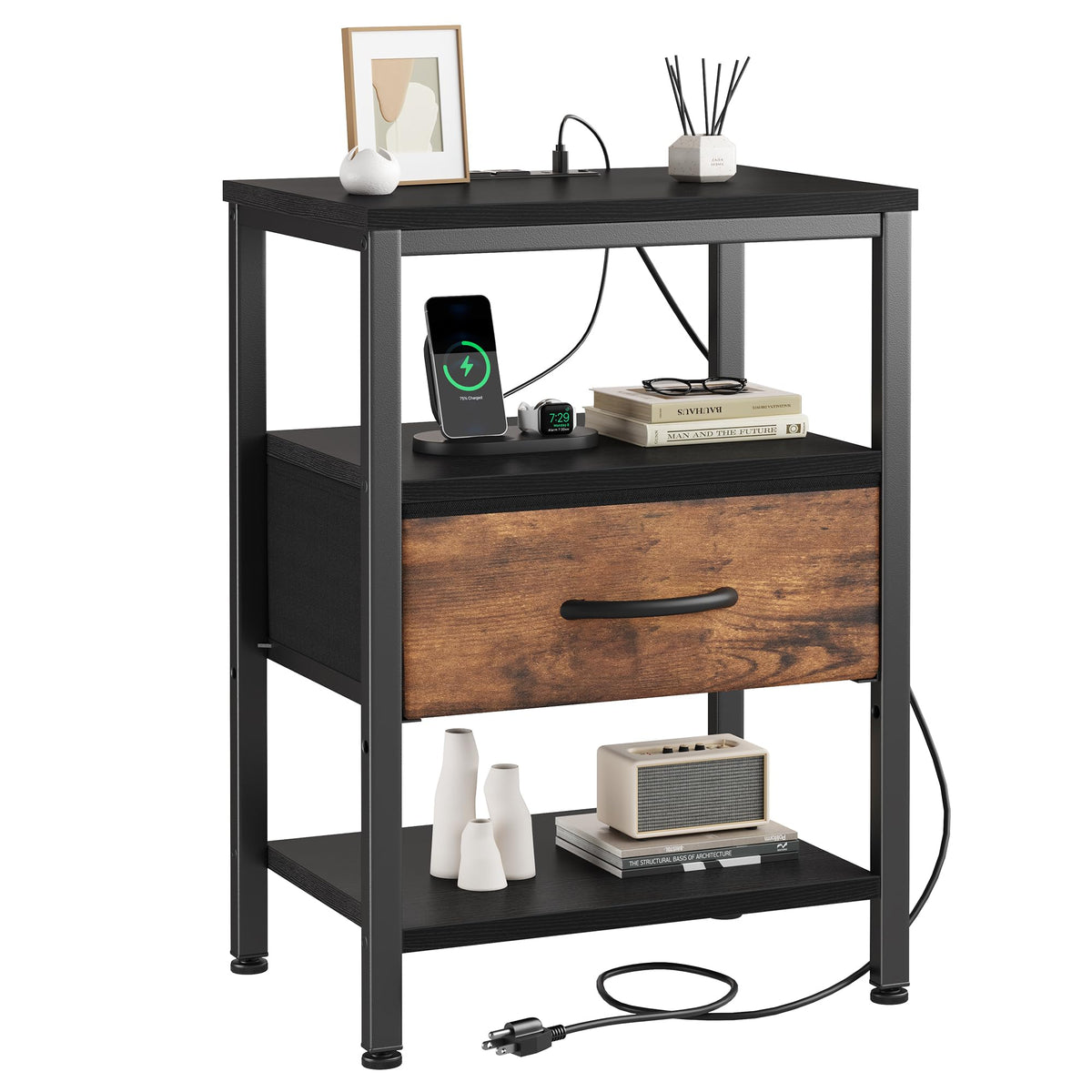DUMOS bedside table with charging station keeps devices organized for overnight charging