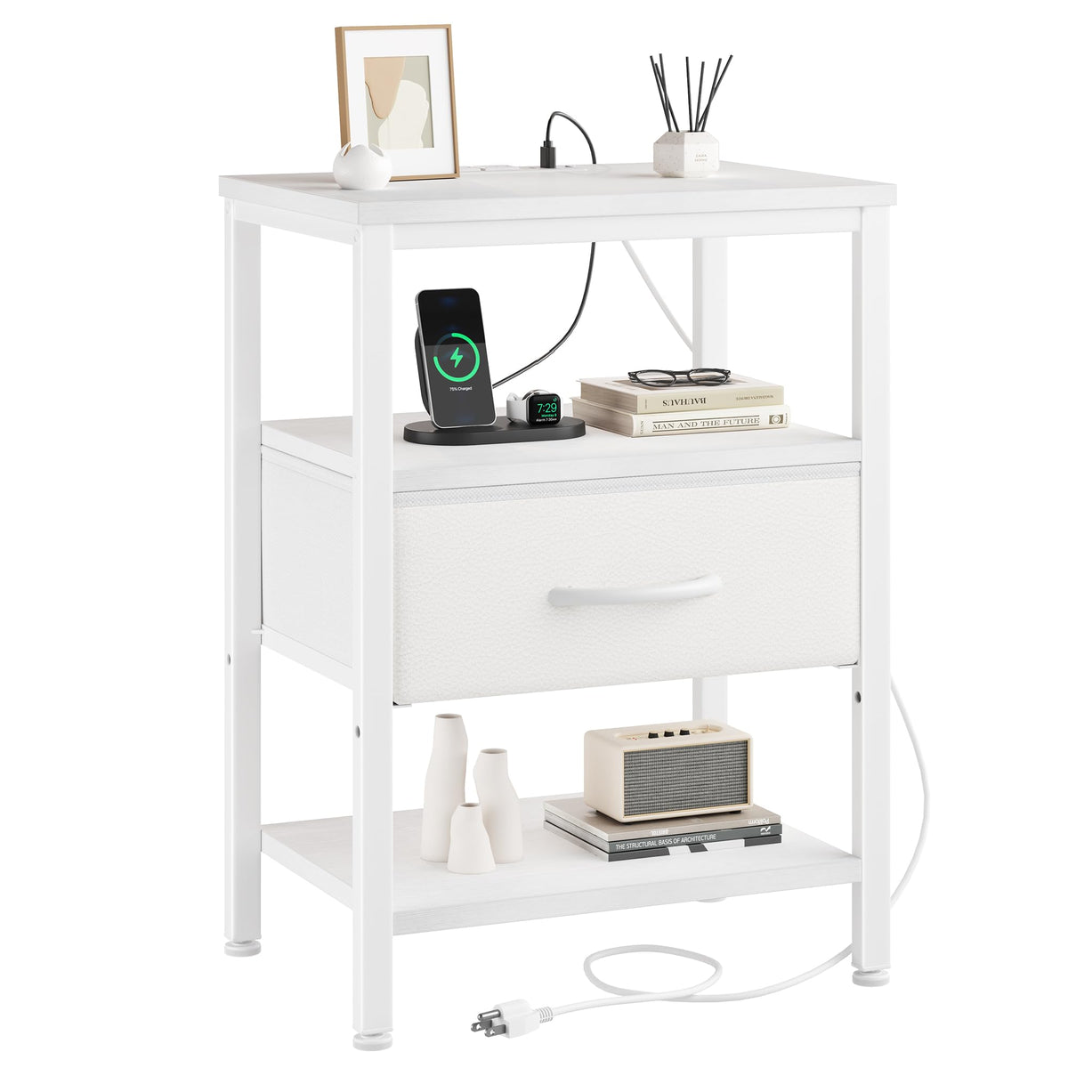 DUMOS bedside table with charging station keeps phones powered at arm's reach.