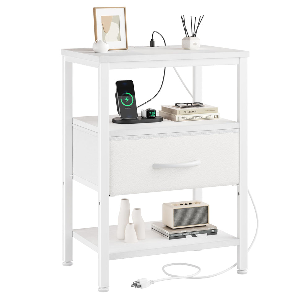 DUMOS bedside table with charging station keeps phones powered at arm's reach.
