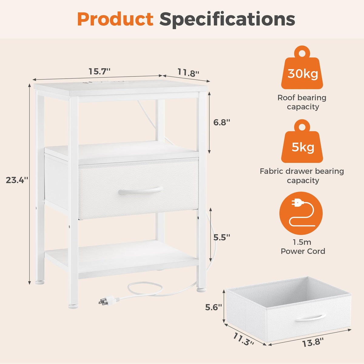 DUMOS fabric drawers provide soft storage for daily essentials beside the bed.