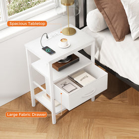 DUMOS three-tier storage keeps books, electronics, and remotes organized.