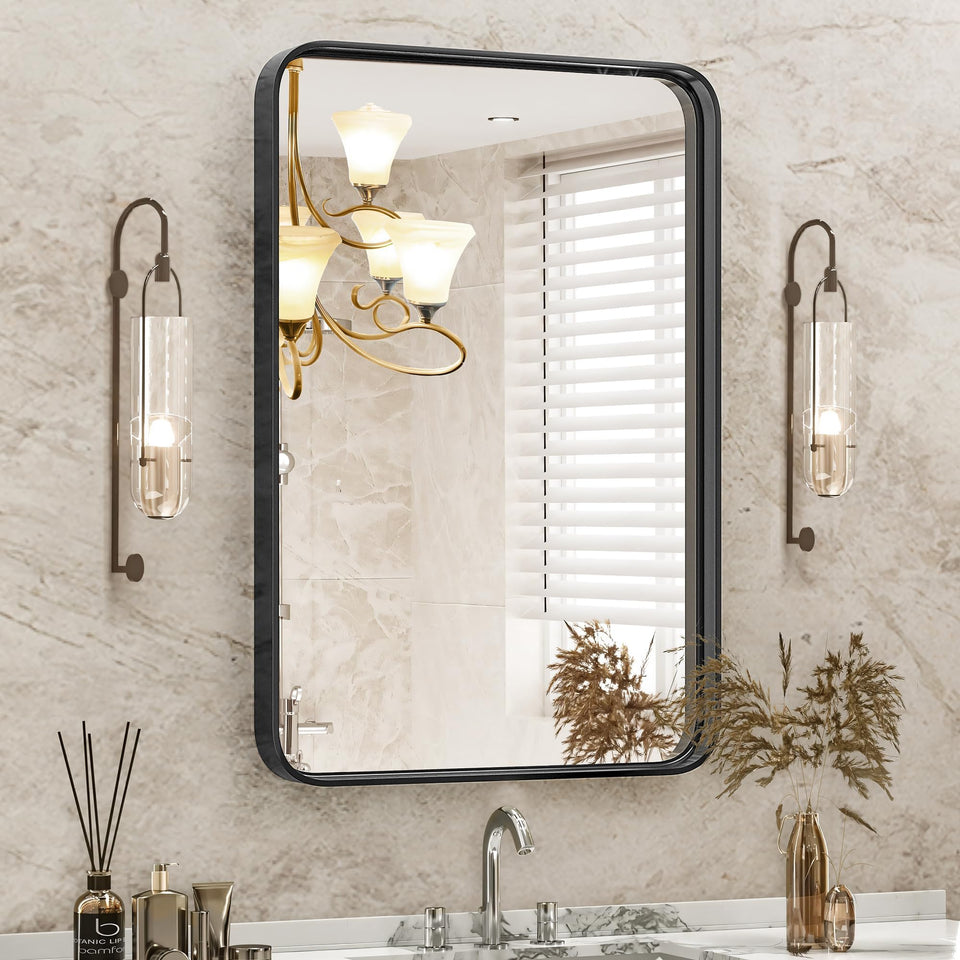 DUMOS black metal framed vanity mirror 30x22 for clear over-sink grooming