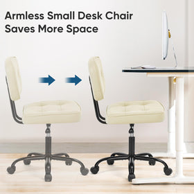 DUMOS armless chair in PU leather demonstrates compact design for small spaces.