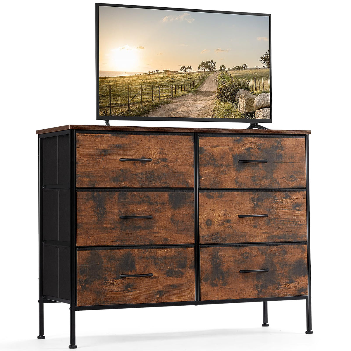 DUMOS 2-in-1 dresser and TV stand showing integrated storage.