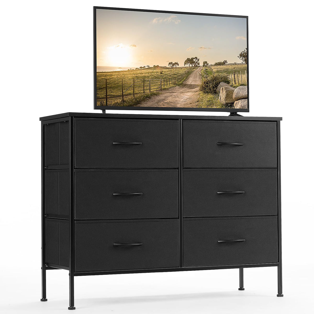 DUMOS dresser with six fabric drawers organizing media and clothing