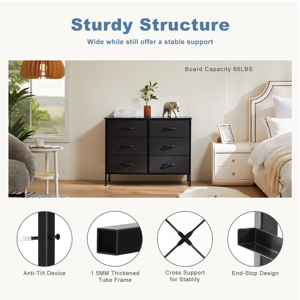 DUMOS dresser uses breathable fabric drawers to store electronics and accessories