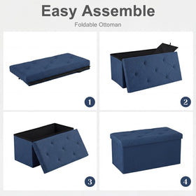 DUMOS entryway storage bench in blue keeps shoes and accessories organized.