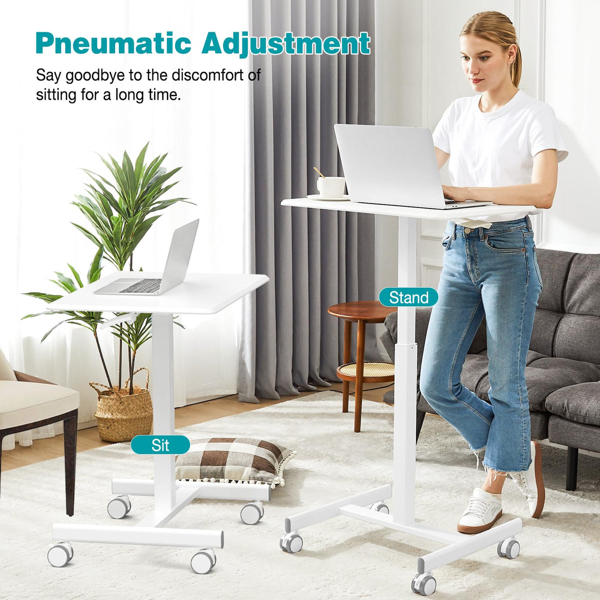 DUMOS ergonomic desk with lockable wheels supports comfortable seating and standing