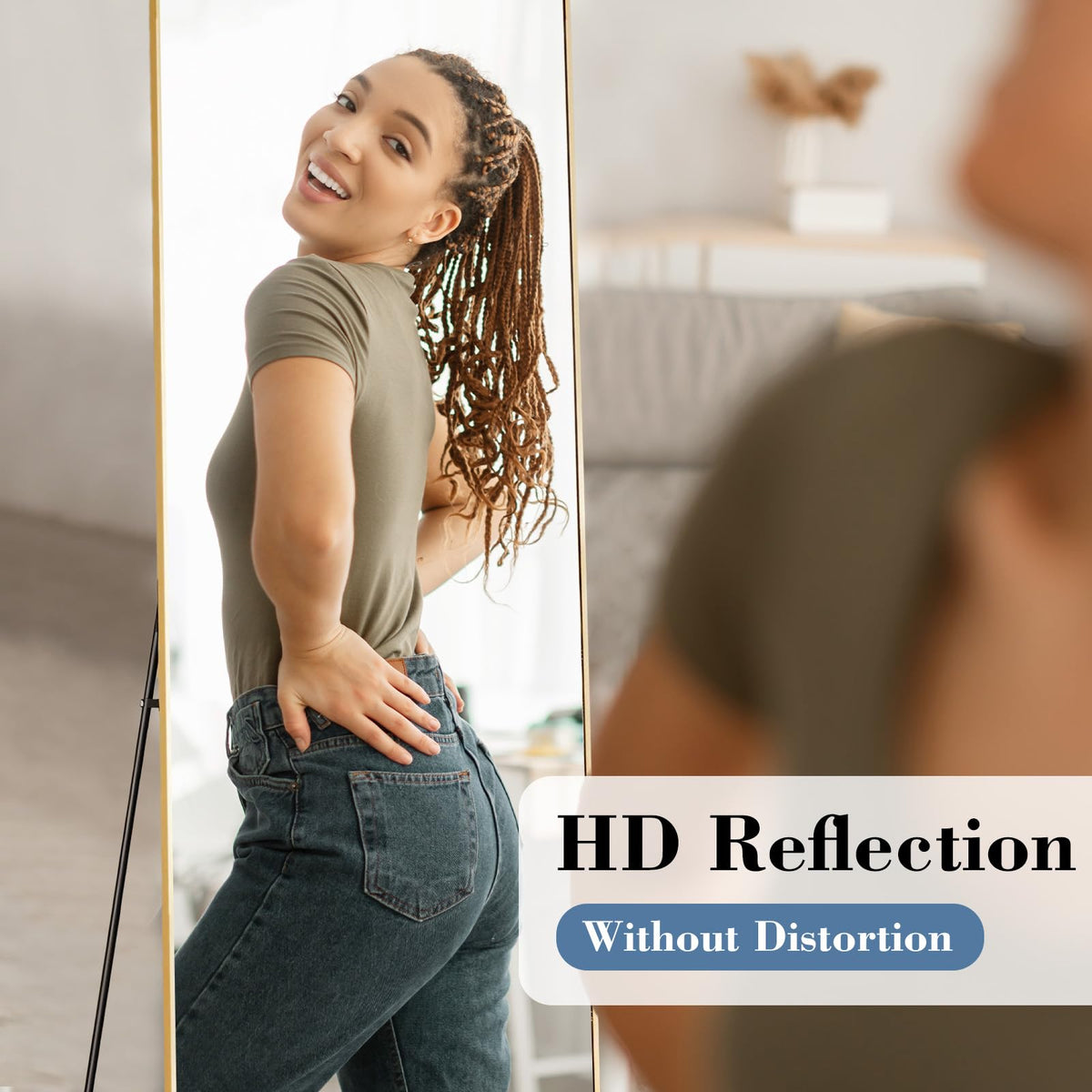 DUMOS floor mirror showcases nano tempered glass for distortion-free viewing.