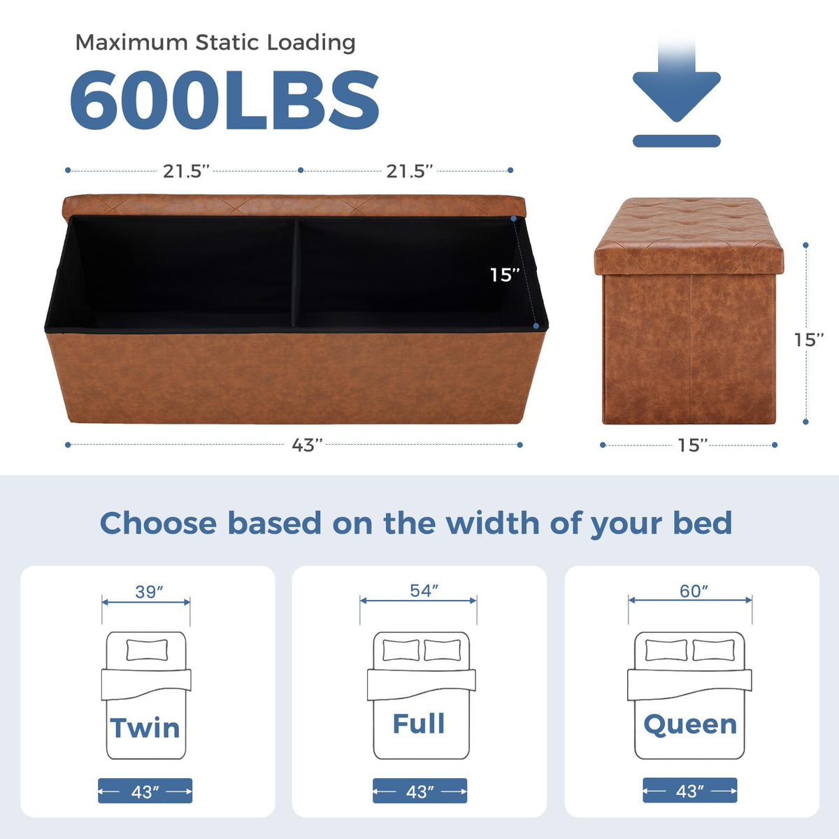 DUMOS foldable storage ottoman 43in foam-padded seat for comfortable seating