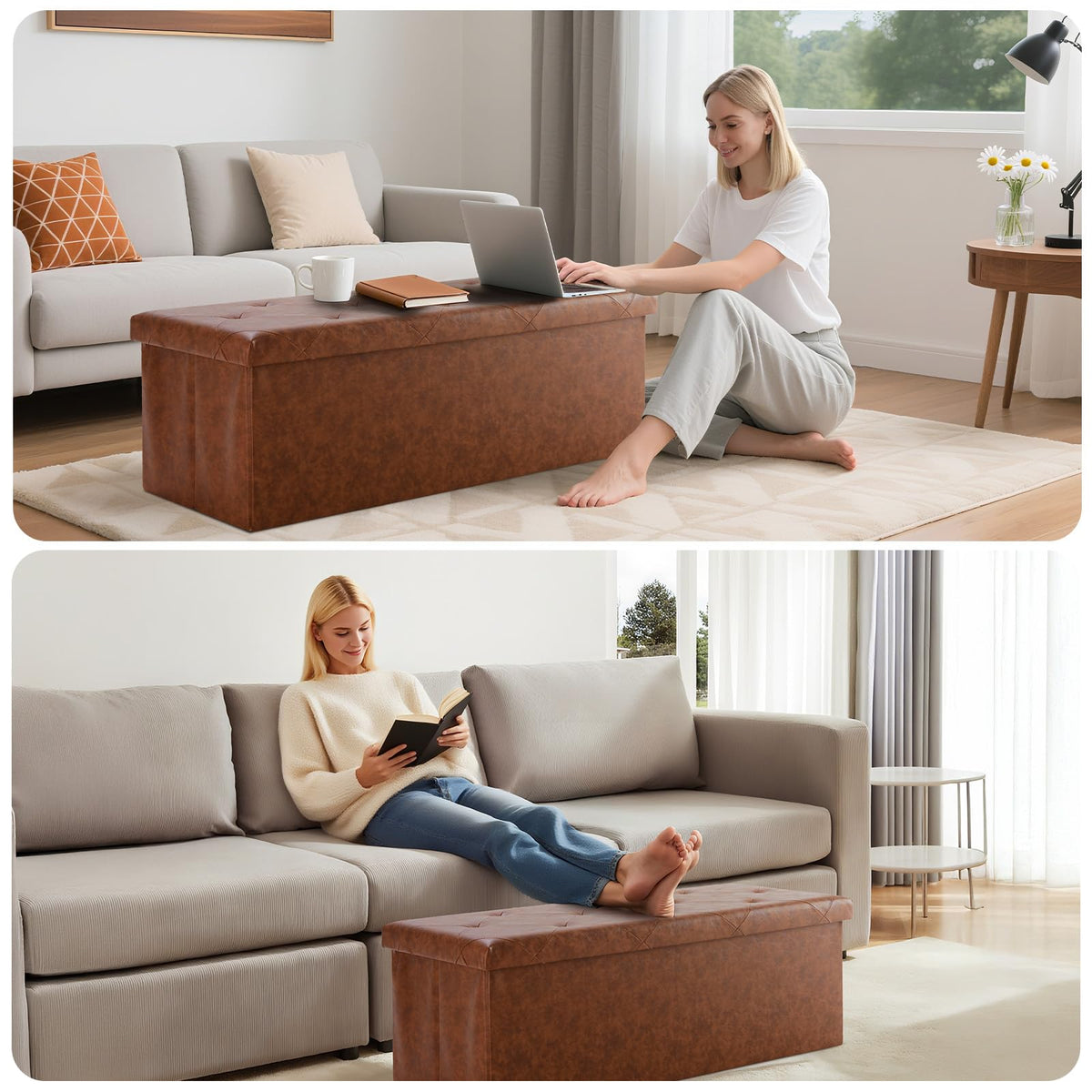 DUMOS foldable storage ottoman 43in open showing divider for organization
