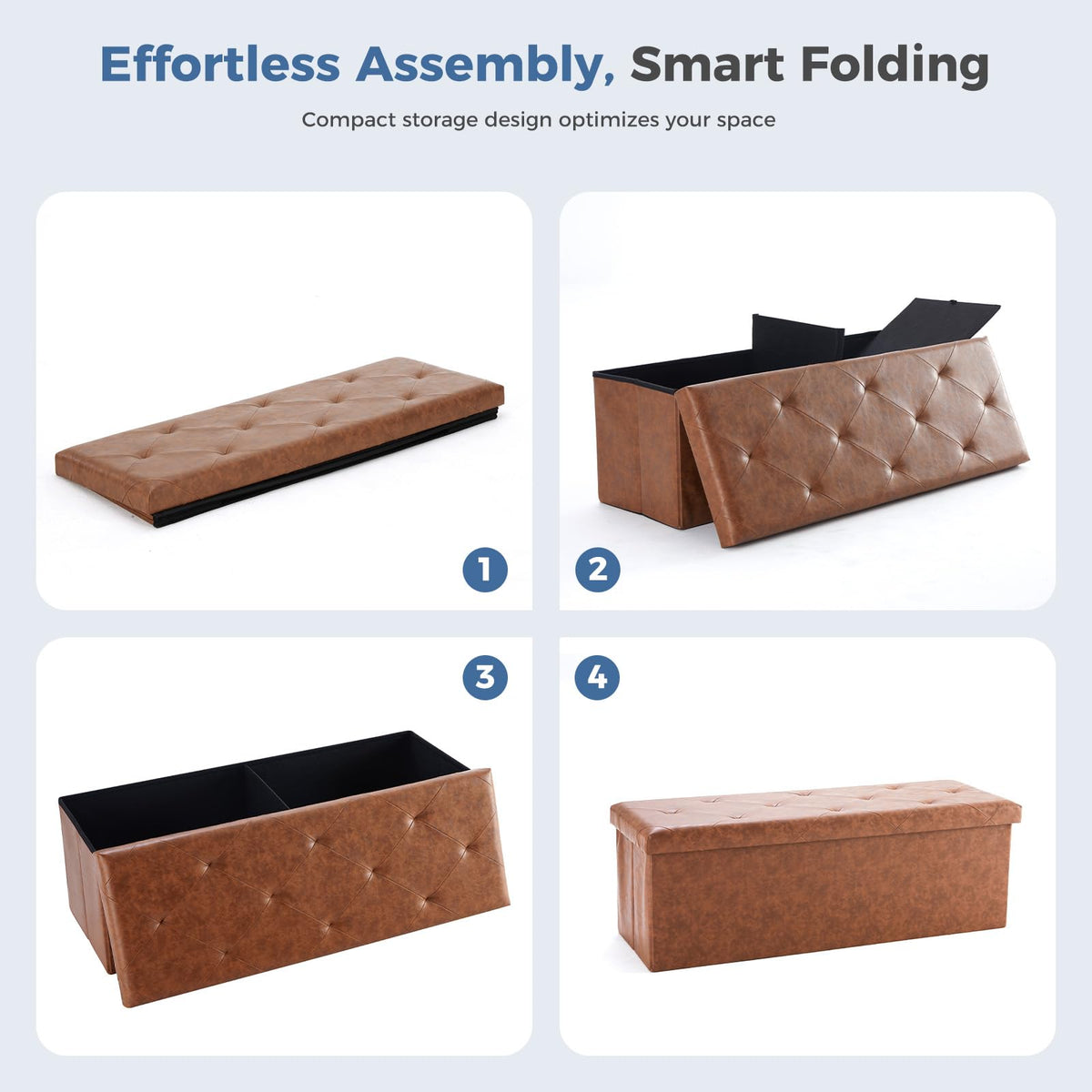 DUMOS foldable storage ottoman 43in synthetic leather cover, durable and easy to clean