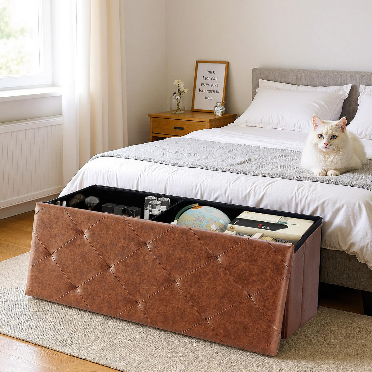 DUMOS foldable storage ottoman 43in thickened MDF base for stability