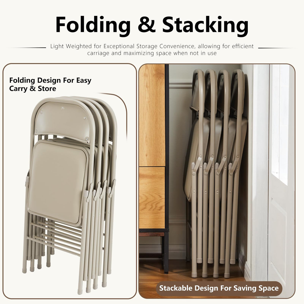 DUMOS compact folding chair folds for easy storage.