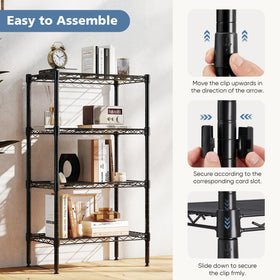 DUMOS four-tier shelf demonstrates heavy-duty capacity for tools and bins.