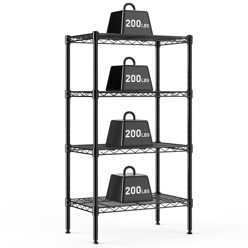 DUMOS four-tier wire shelf side view for sturdy garage storage.
