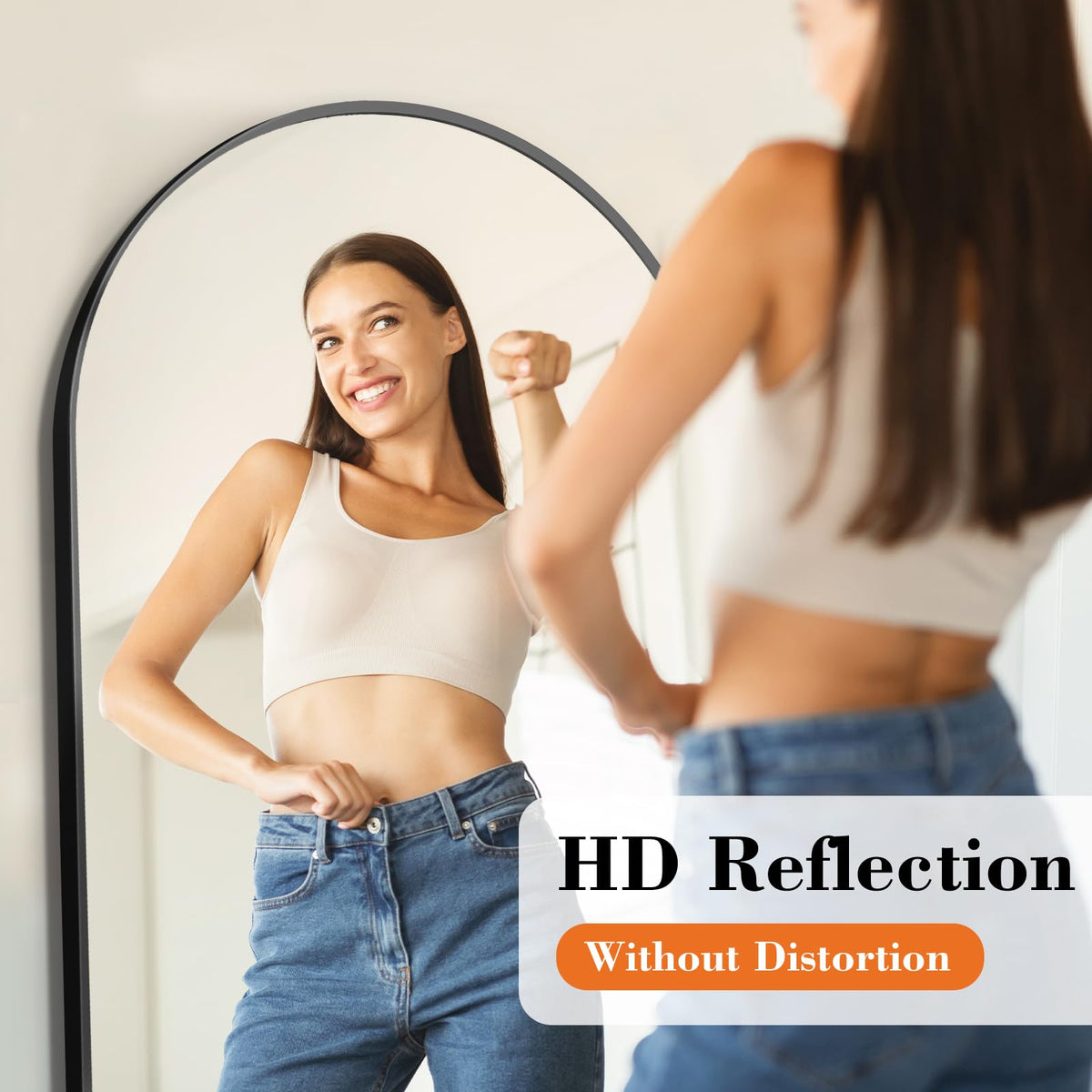 DUMOS free-standing mirror with aluminum frame enhances any room with a sleek, modern silhouette.