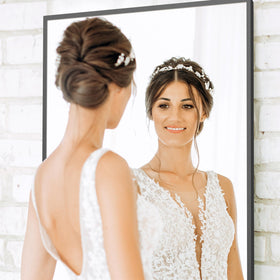 DUMOS full-length mirror wall hanging option saves floor space with a sleek look.