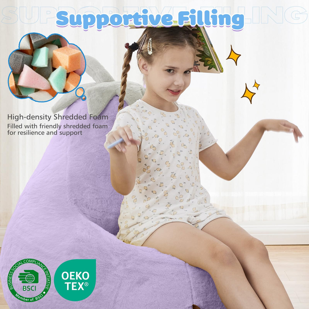 DUMOS bean bag chair used in living room for versatile kid seating