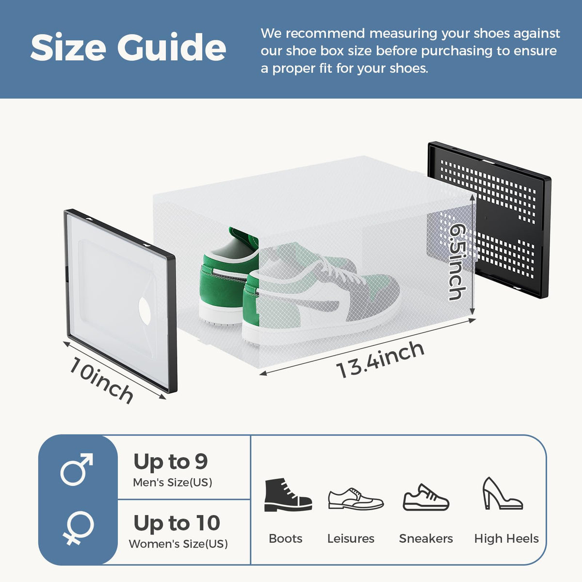 DUMOS large shoe box fits US men's 9 / women's 10 for easy organization.