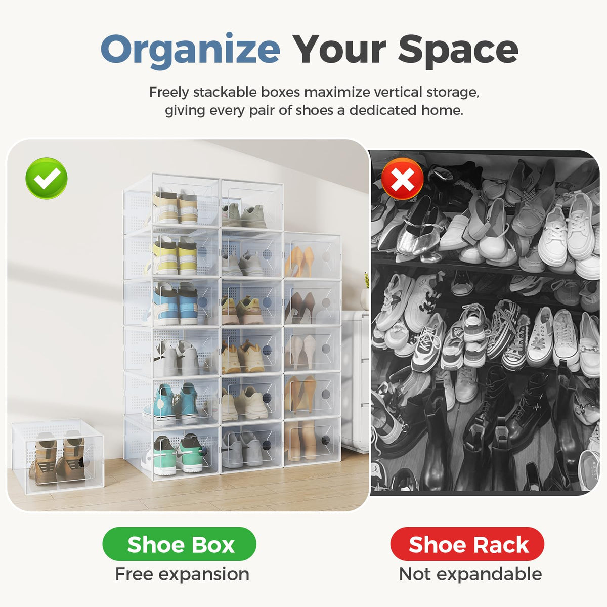 DUMOS large-xl shoe organizer showing interlocking lids for secure stacking.
