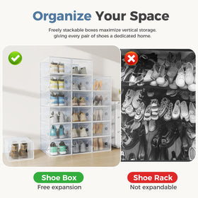 DUMOS large-xl shoe organizer showing interlocking lids for secure stacking.