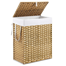 DUMOS woven laundry basket lid for discreet storage and odor containment.