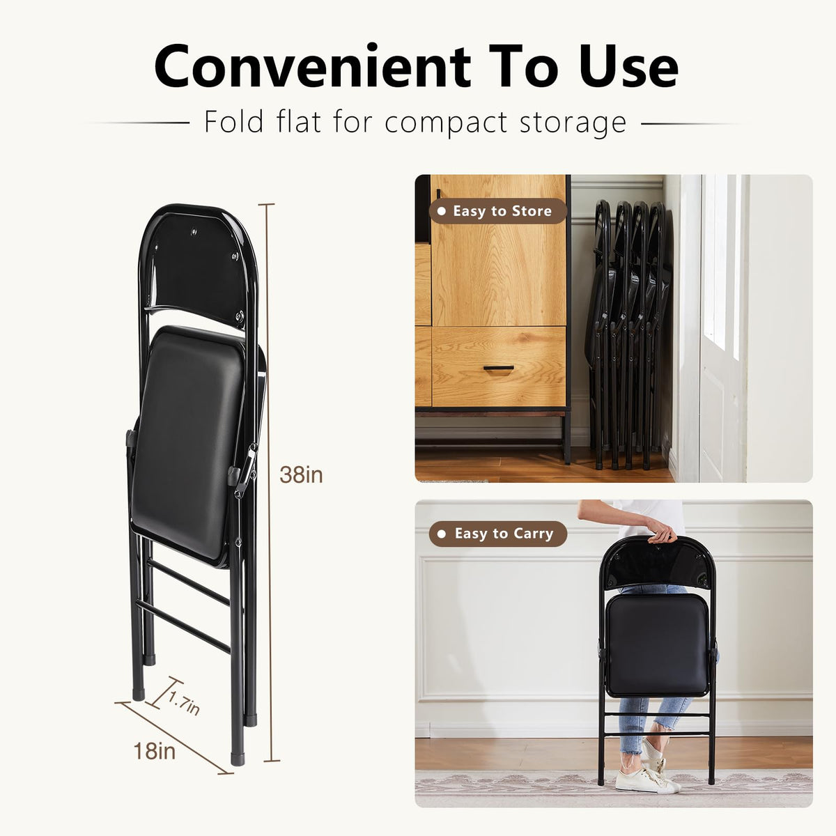DUMOS leather-padded folding chair seat demonstrates comfortable cushion and easy cleaning