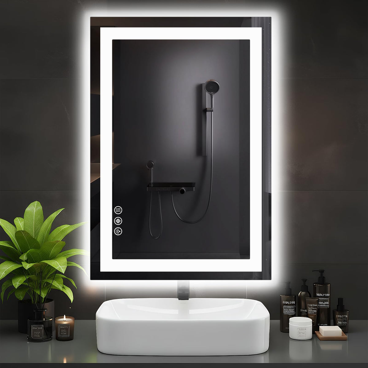 DUMOS LED bathroom mirror shows clear reflections with front light for precise grooming.