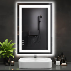 DUMOS LED bathroom mirror shows clear reflections with front light for precise grooming.