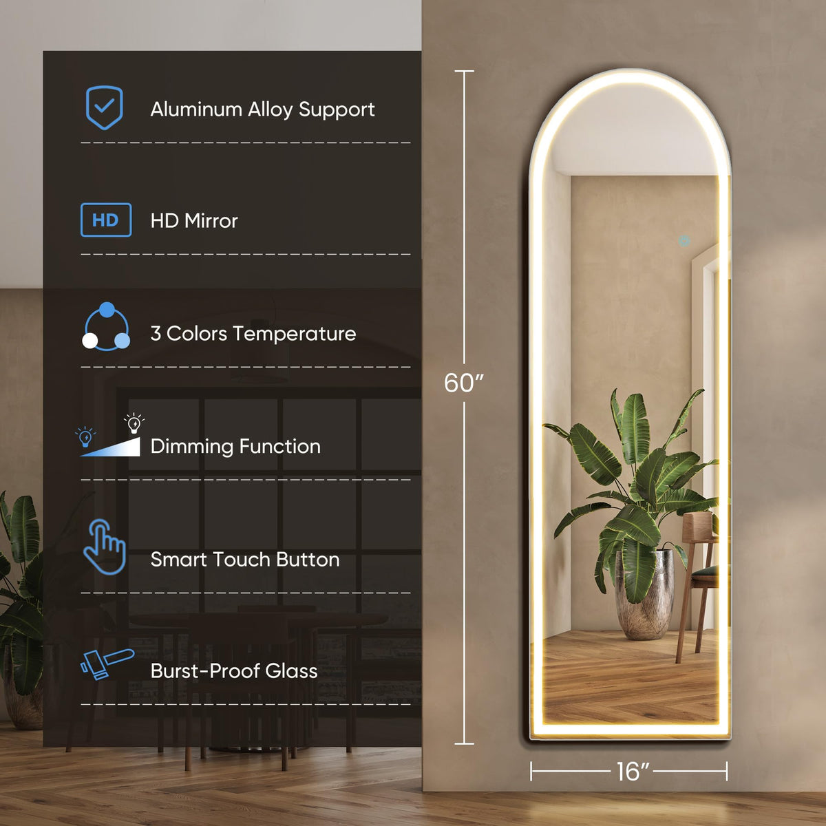 DUMOS LED mirror shows full-length view with three lighting modes.