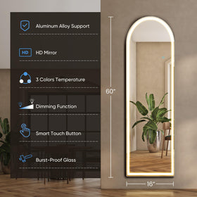 DUMOS LED mirror shows full-length view with three lighting modes.