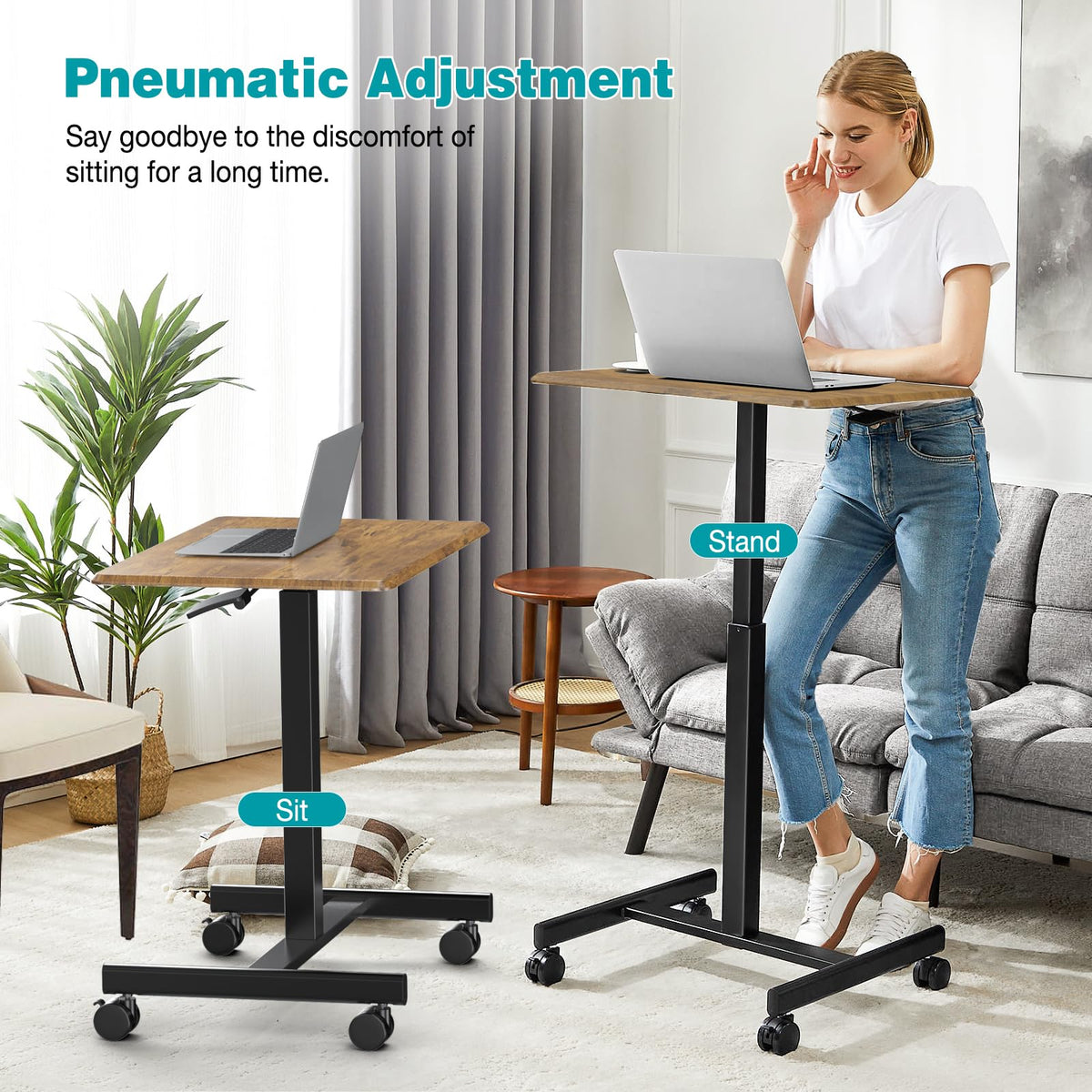 DUMOS desk features lockable wheels to keep it secure while typing