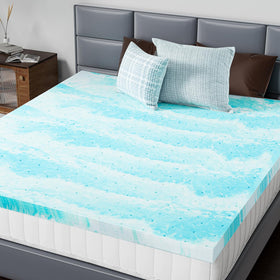 DUMOS twin XL memory foam topper close-up shows contouring support and plush comfort.