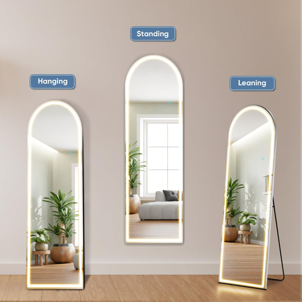DUMOS mirror supports wall mounting, leaning, or freestanding placement.